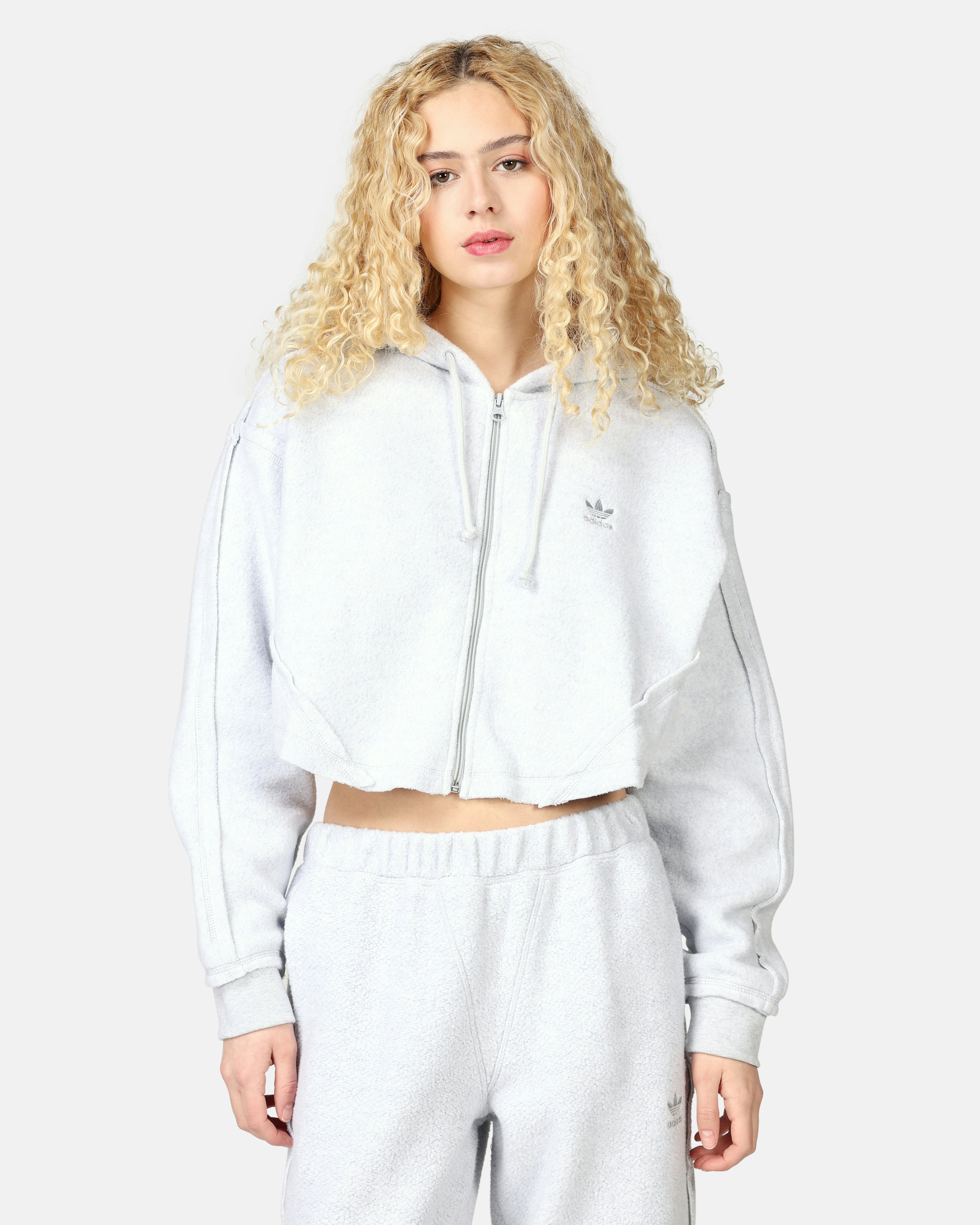 adidas Crop Full-Zip Loungewear Hoodie - Grey, Women's Lifestyle