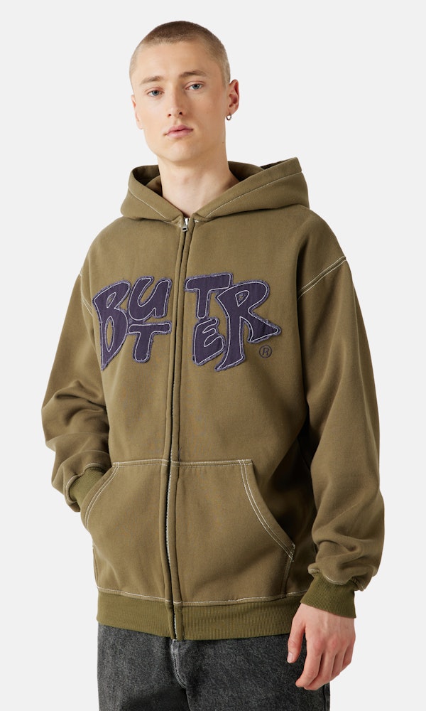 Butter Goods Fabric Applique ZipHoodie Army green Unisex Junkyard